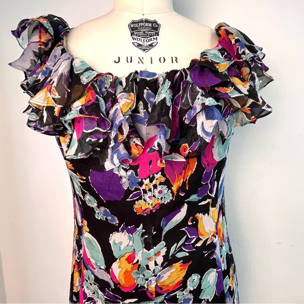 Sz 14 Silk Ralph Lauren Floral Off-Shoulder Ruffle Dress